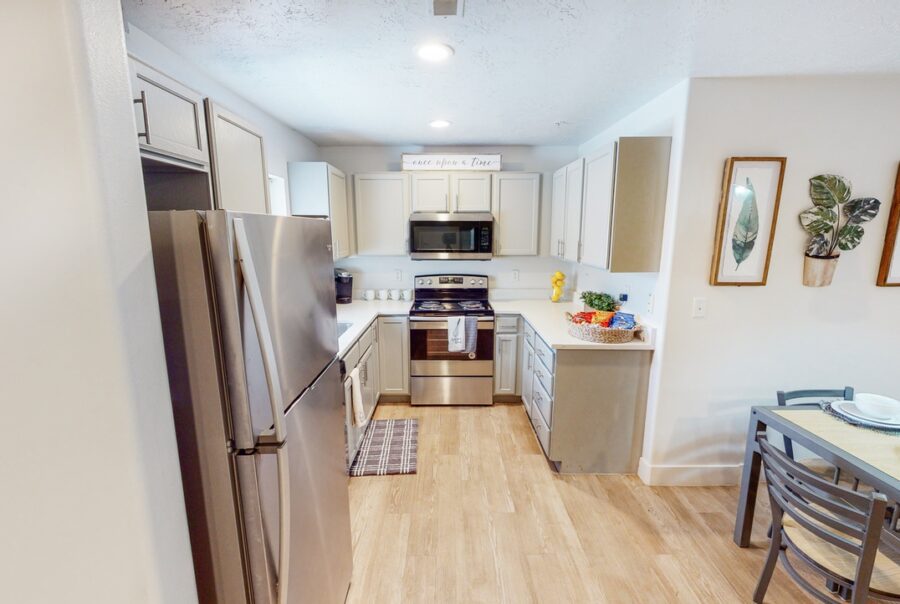 Student apartment kitchen with appliances