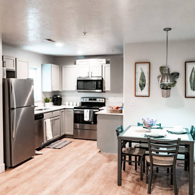 Student apartment kitchen with appliances