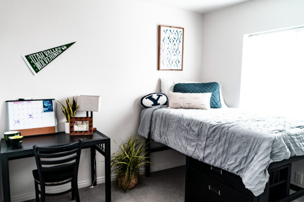 Student apartment bedroom with desk & twin bed